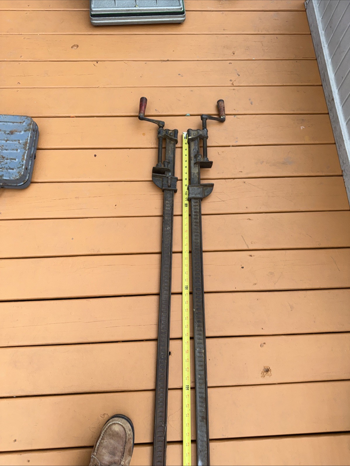 2 Antique cast iron 67” bar clamps woodworking glue up tool