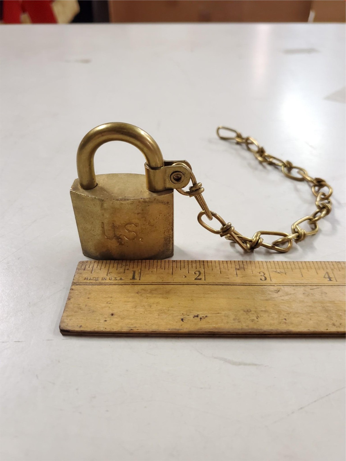 Vtg American lock company brass padlock US Military with two keys & chain w box