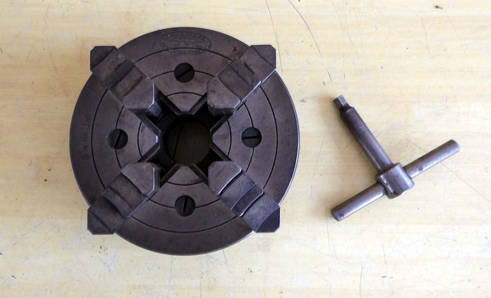 Antique Hjorth Lathe 4 Jaw Independent Chuck 5″ Dia. 1 5/8″ x 12 TPI