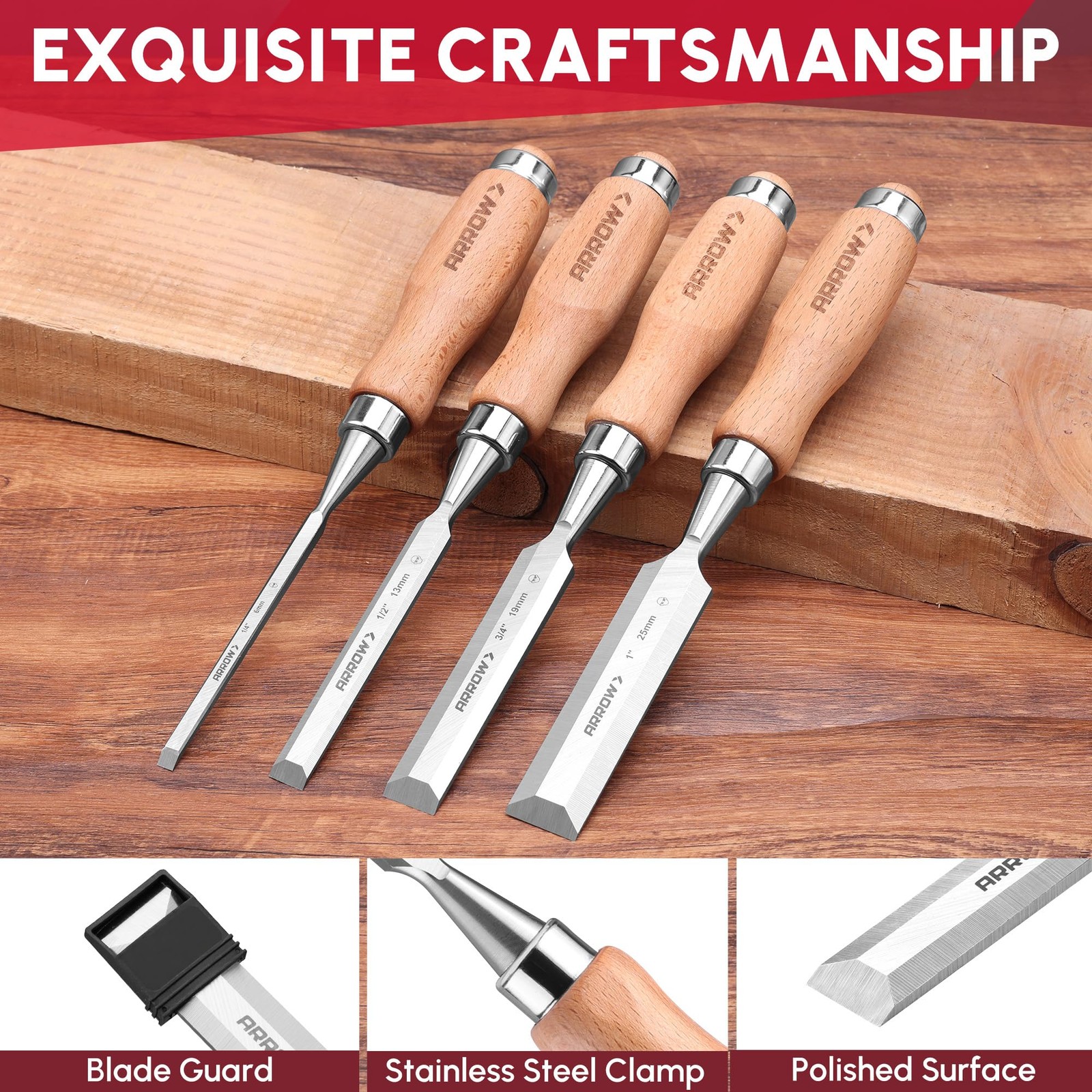 ARROW Wood Chisel Set 4 PCS Ergonomic Beech Wood Handles CRV Steel Beveled