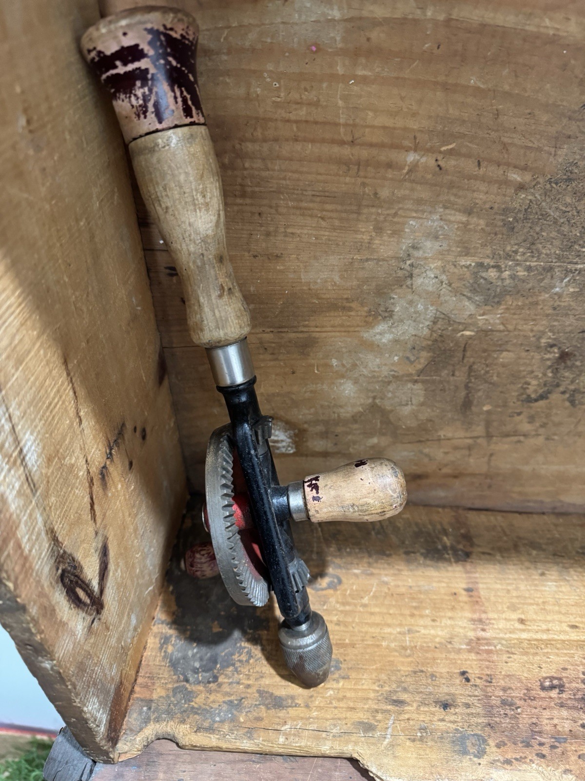 Vintage Hand Held Drill with Wooden Handles and Heavy Metal Gear Made in Japan