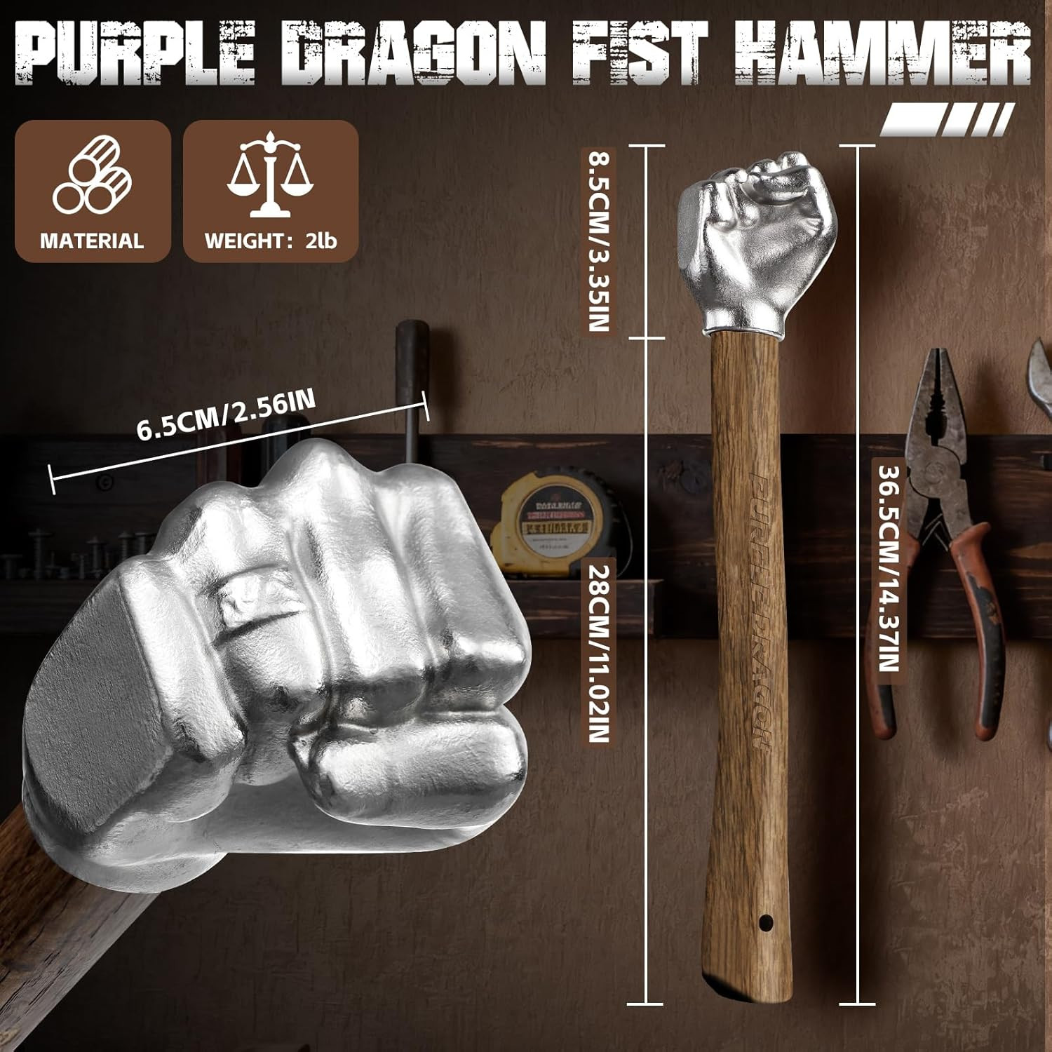 Fist Hammer Tool – 2 Lbs Iron Fist-Shaped Hammer, Hand Hammers with Wooden Handl