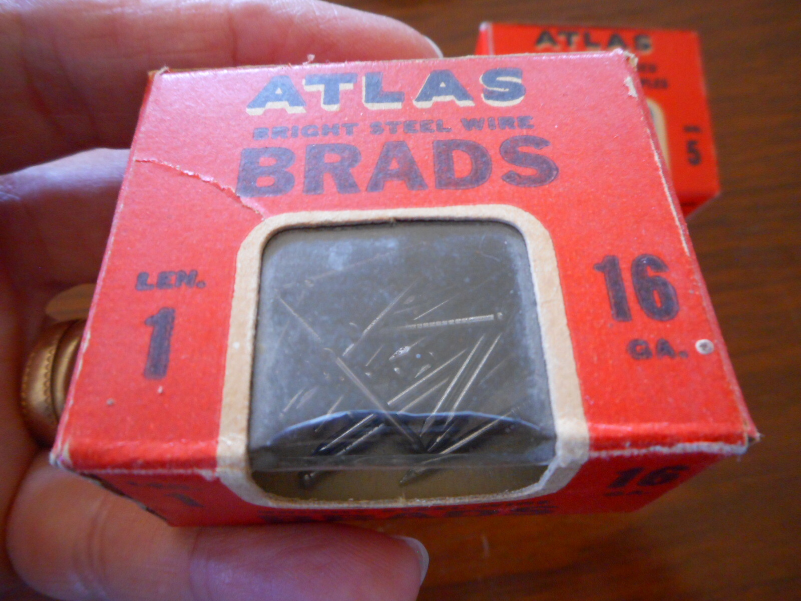 2 vintage Atlas Cardboard Window Box Brads and Cloth Staples Red Small Prop