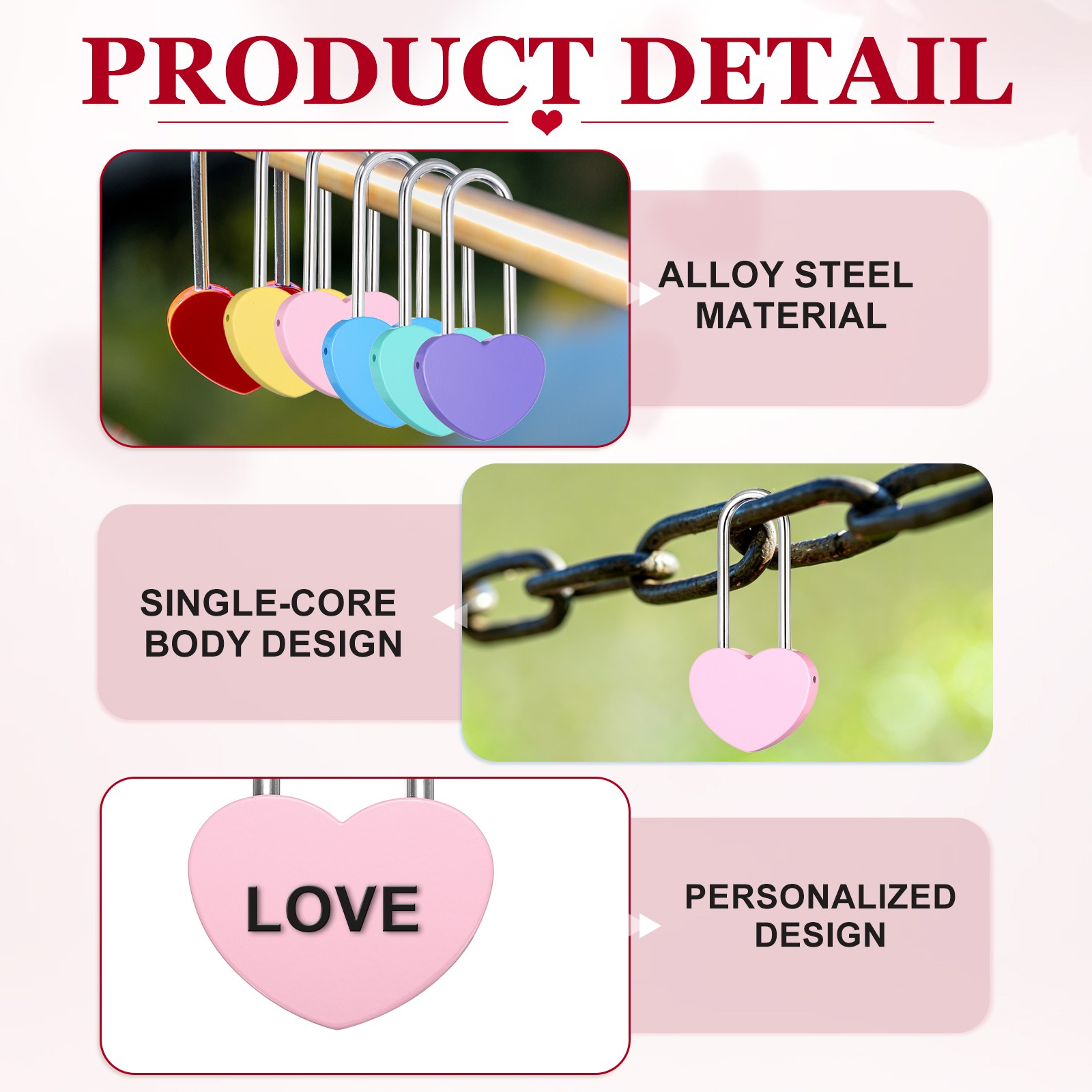 5Pcs 4″ (100mm) Love Heart Lock Alloy Steel Keyless, Pink