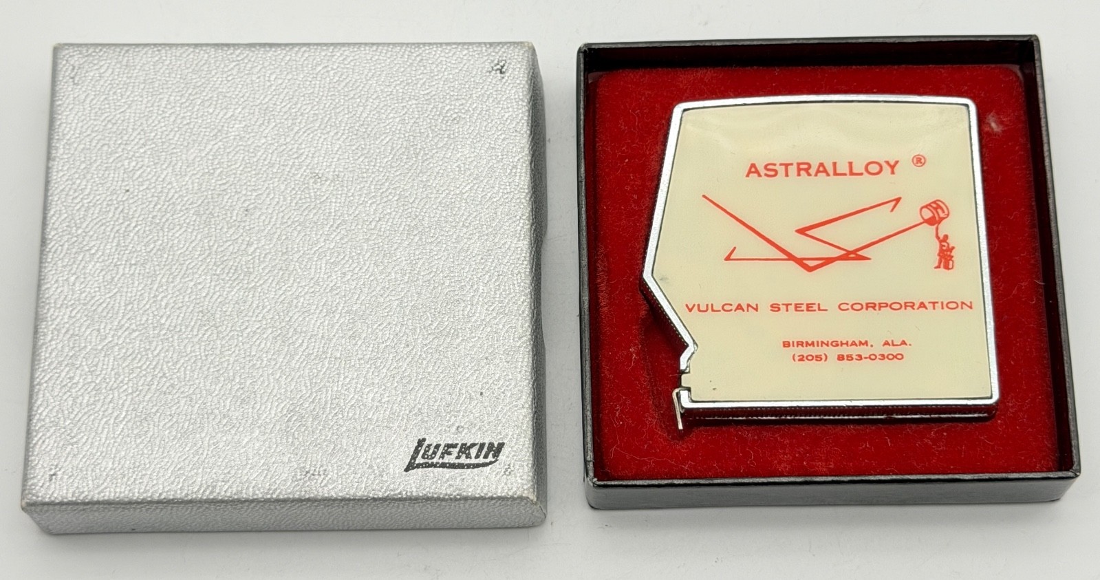 Vintage Lufkin Advertising Tape Measure in Box “Astralloy Vulcan Steel Corp”