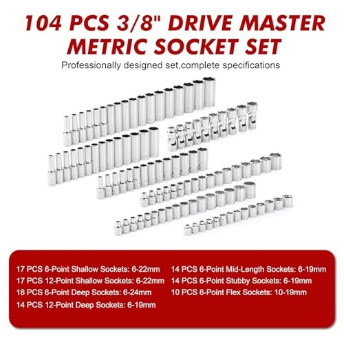 CASOMAN 104pc 3/8 Drive Impact Socket Flex Set