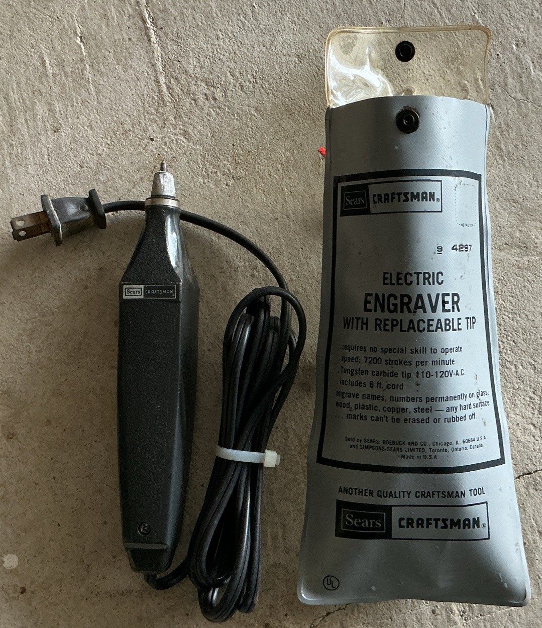 Vtg Sears Craftsman Electric Engraver 4297 Tungsten Carbide Tip USA 6ft Cord