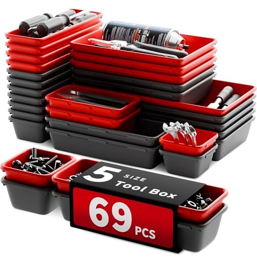 [5 Sizes] [69 PCS] Tool Drawer Organizer, Desk Tray, Rolling Chest, Black+Red