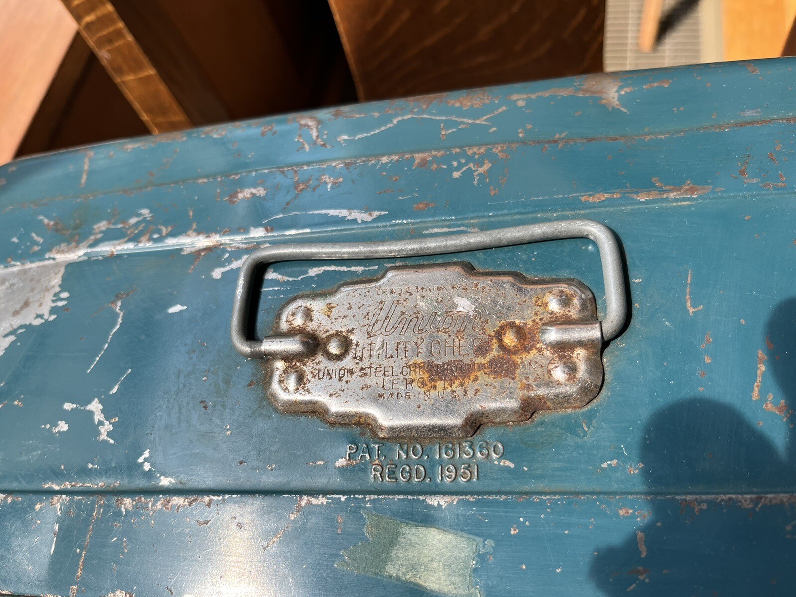 Vintage Union Steel Utility Chest Tool Fishing Box Leroy New York USA Blue Aqua