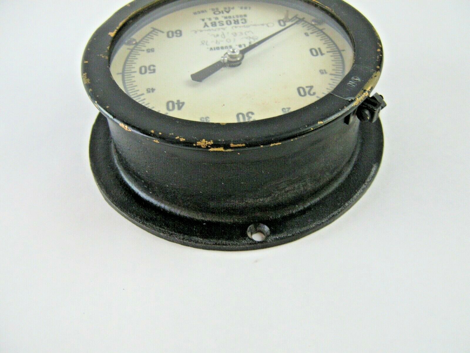 Vintage 5 1/8″ dia. Crosby Gauge & Valve Co. 60 psi Gauge 1/2 lb. SUBDIV.
