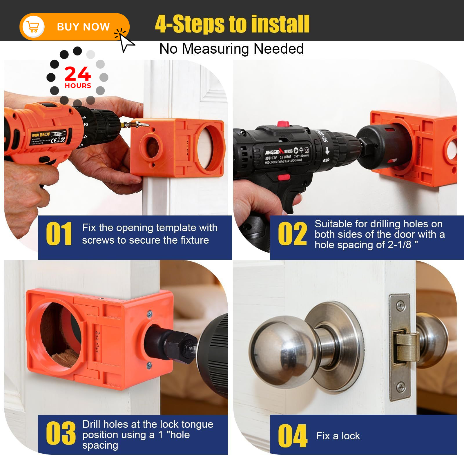 Door Lock Installation Kit for Wooden Doors, Hole Saw with Bright Orange