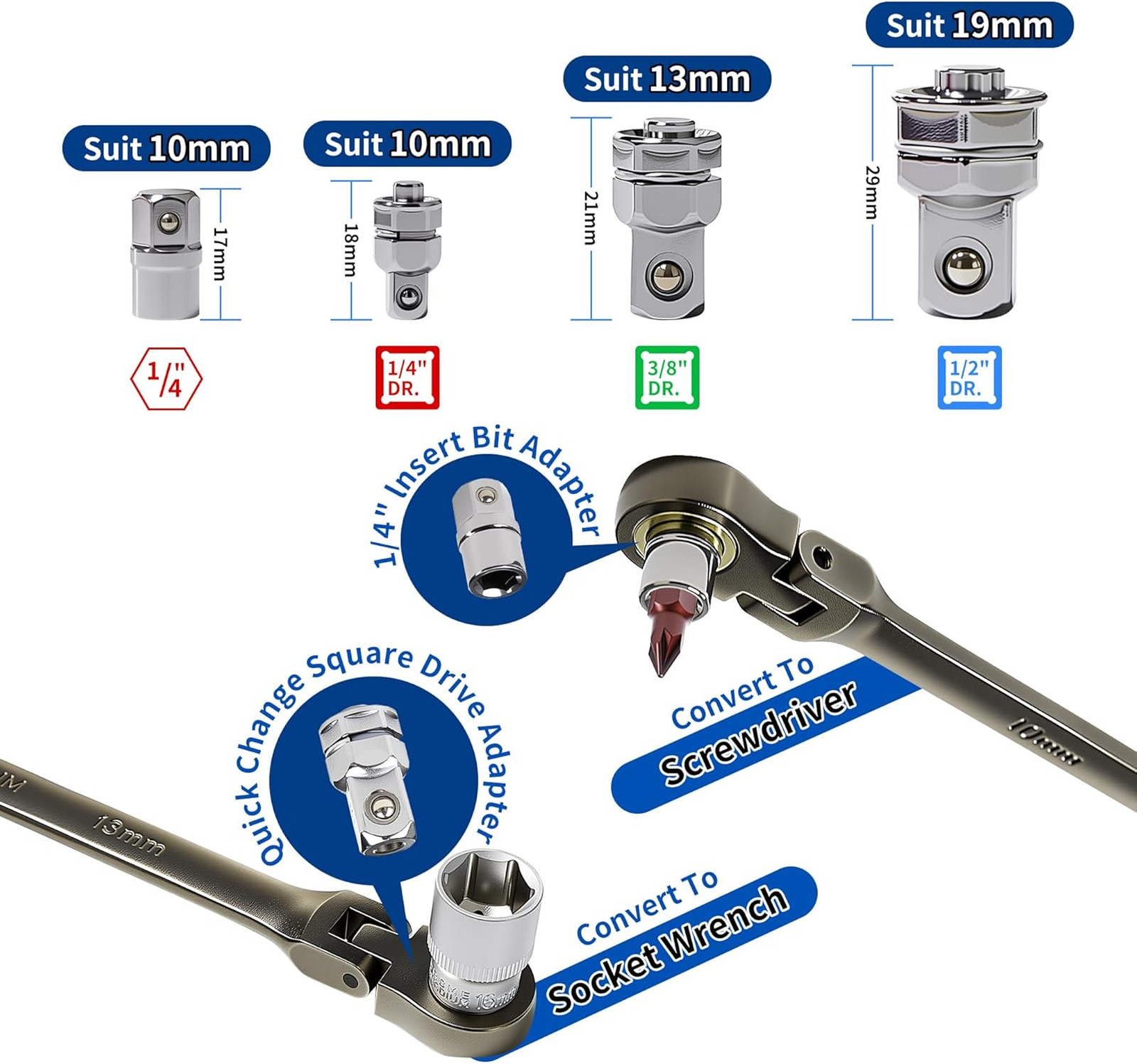 Extra Long Flex Head Ratcheting Wrench Set 6PCS Metric (8-19mm), Double Box End