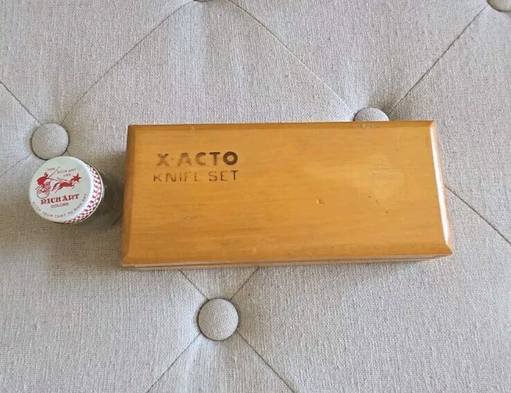 Vintage X-Acto Knife Set In Wooden Hinged Box-3 Handles & 50+ Mixed Size Blades