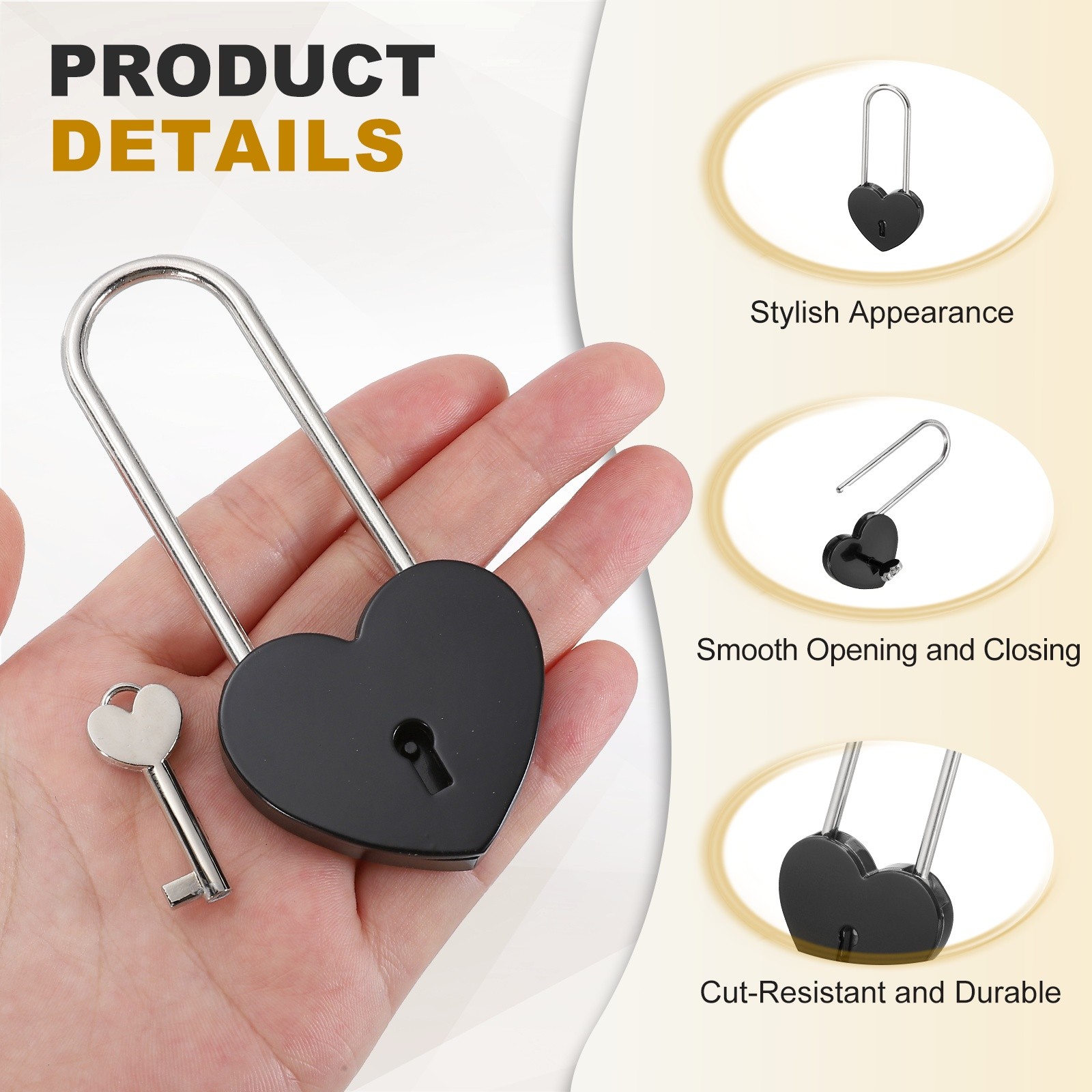 Mini Heart Lock with Key, (1.8×3.9 Inch, Black) (2Pcs), Heart Shaped Padlock