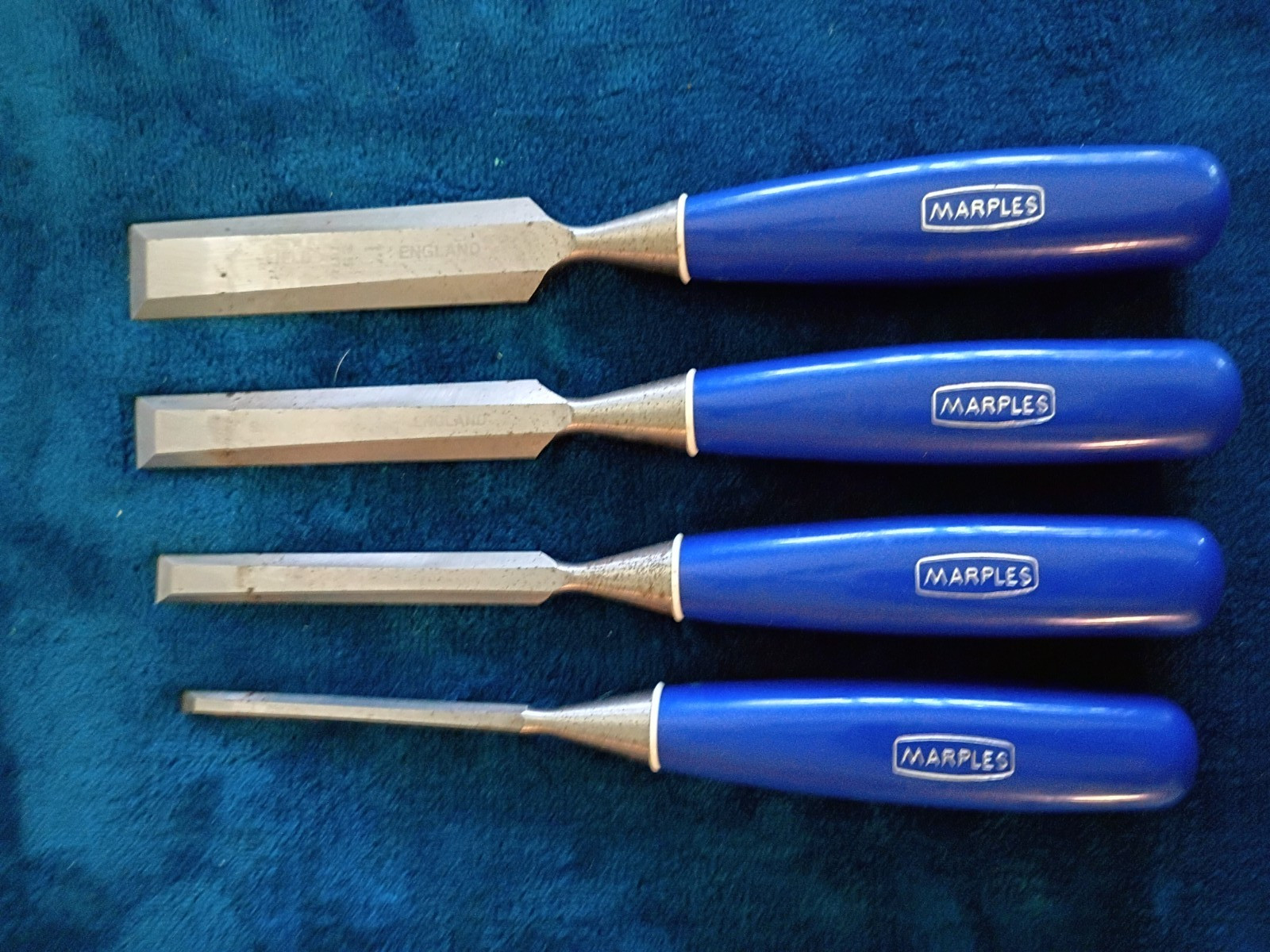 Set of 4 Marples Blue Chip Wood Chisels -1 “, 3/4” 1/2”, 1/4” Made in England