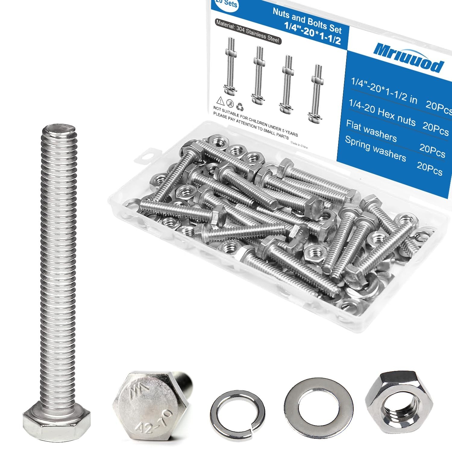 1/4×1-1/2 Hex Bolts Set, 20Pcs 1/4″-20 Nuts and Bolts Assortment Kit, 304 Sta…