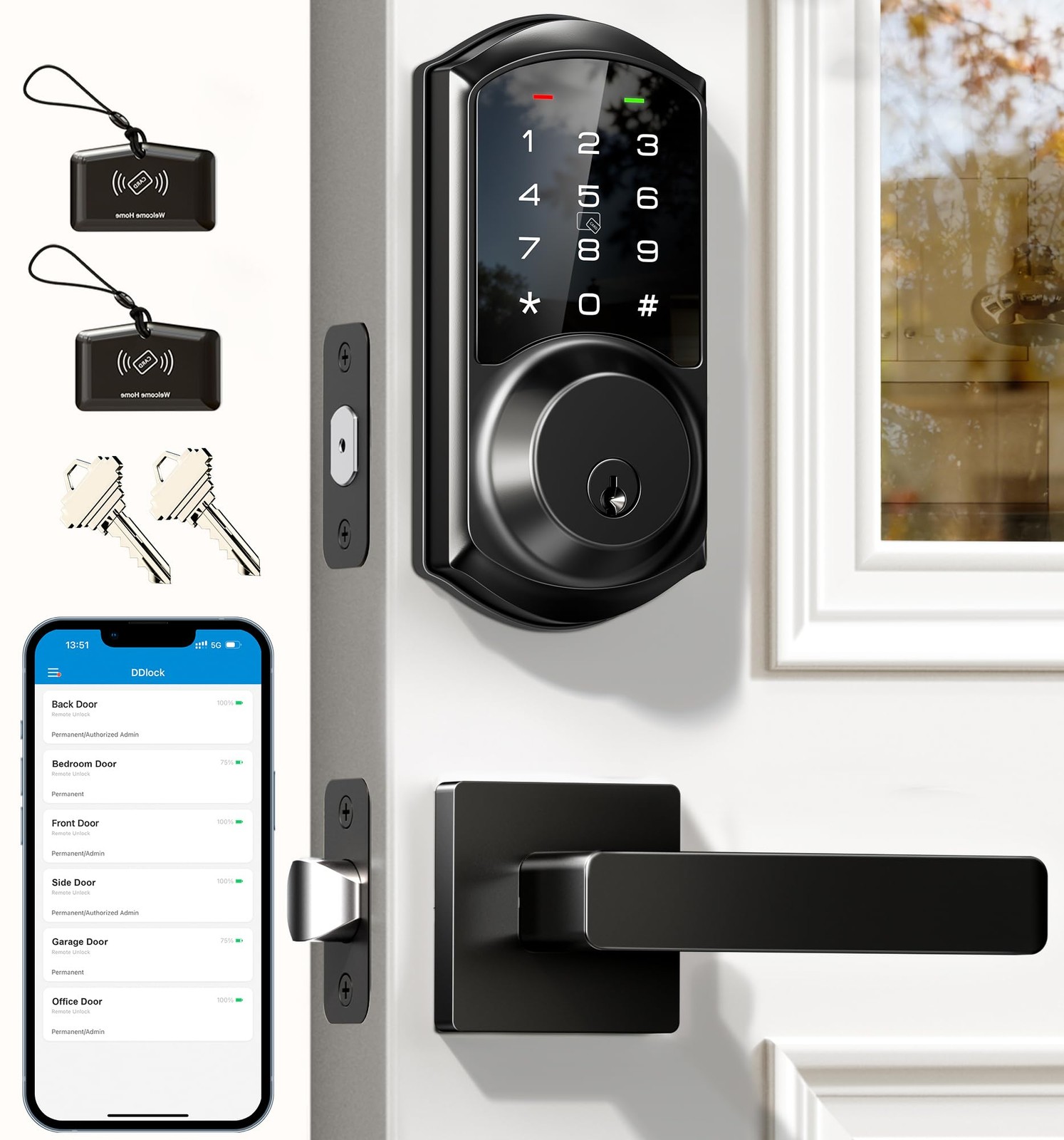 Veise VE06-L Smart Locks with 2 Lever Handle Set, App Control, Matte Black
