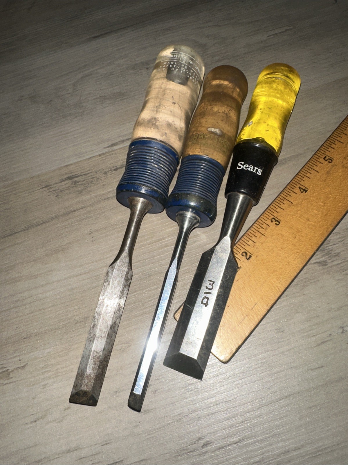 Set Of 3 Vintage Sears Craftsman Beveled Chisels 3/4, 1/2 & 1/4” Used