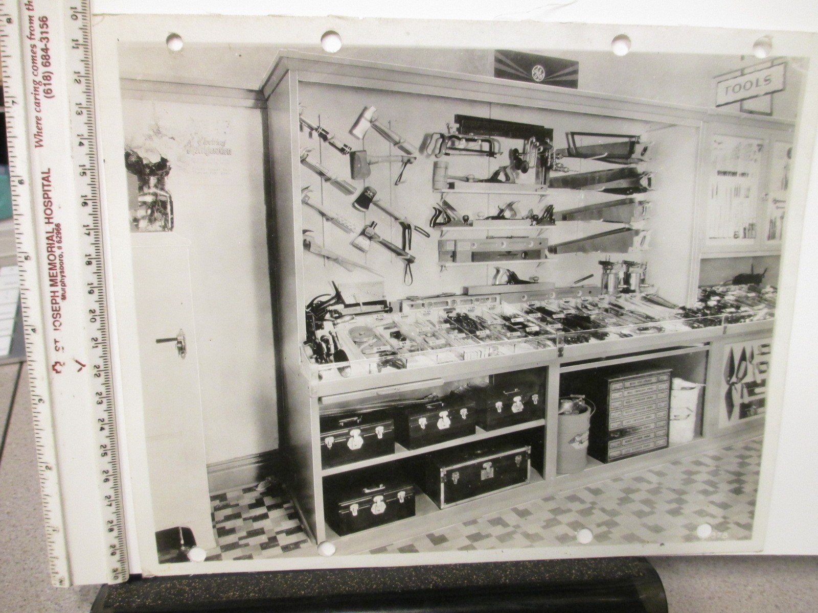 Aurora Equipment 1930s TOOL box store display photo saw hammer plane hatchet