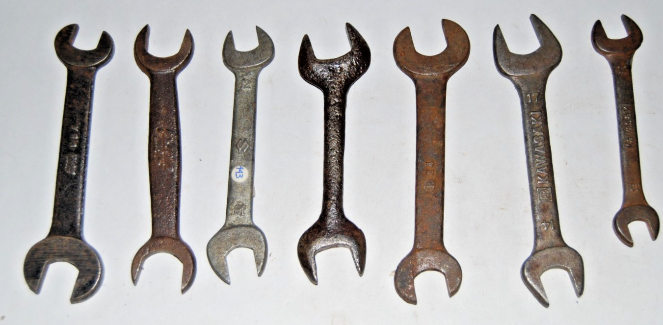 Vtg 7pc Tool Lot Ford Script Circle M, Suzuki, Kawasaki Mito-1 Motorcycle Wrench