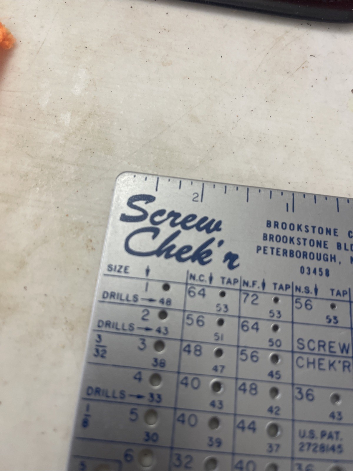 Vintage Brookstone Screw Chek’r SAE Tap Drill Gauge Chart USA Pat 2728145
