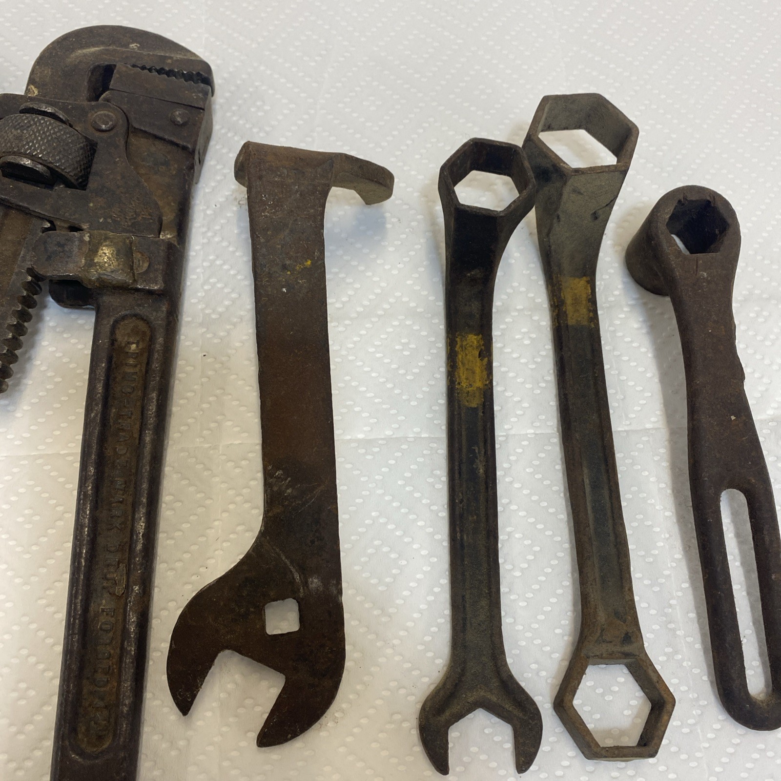 Lot of 2 Antique Adjustable Wrenches 1 drill & 4 Auto or Farm wrenches