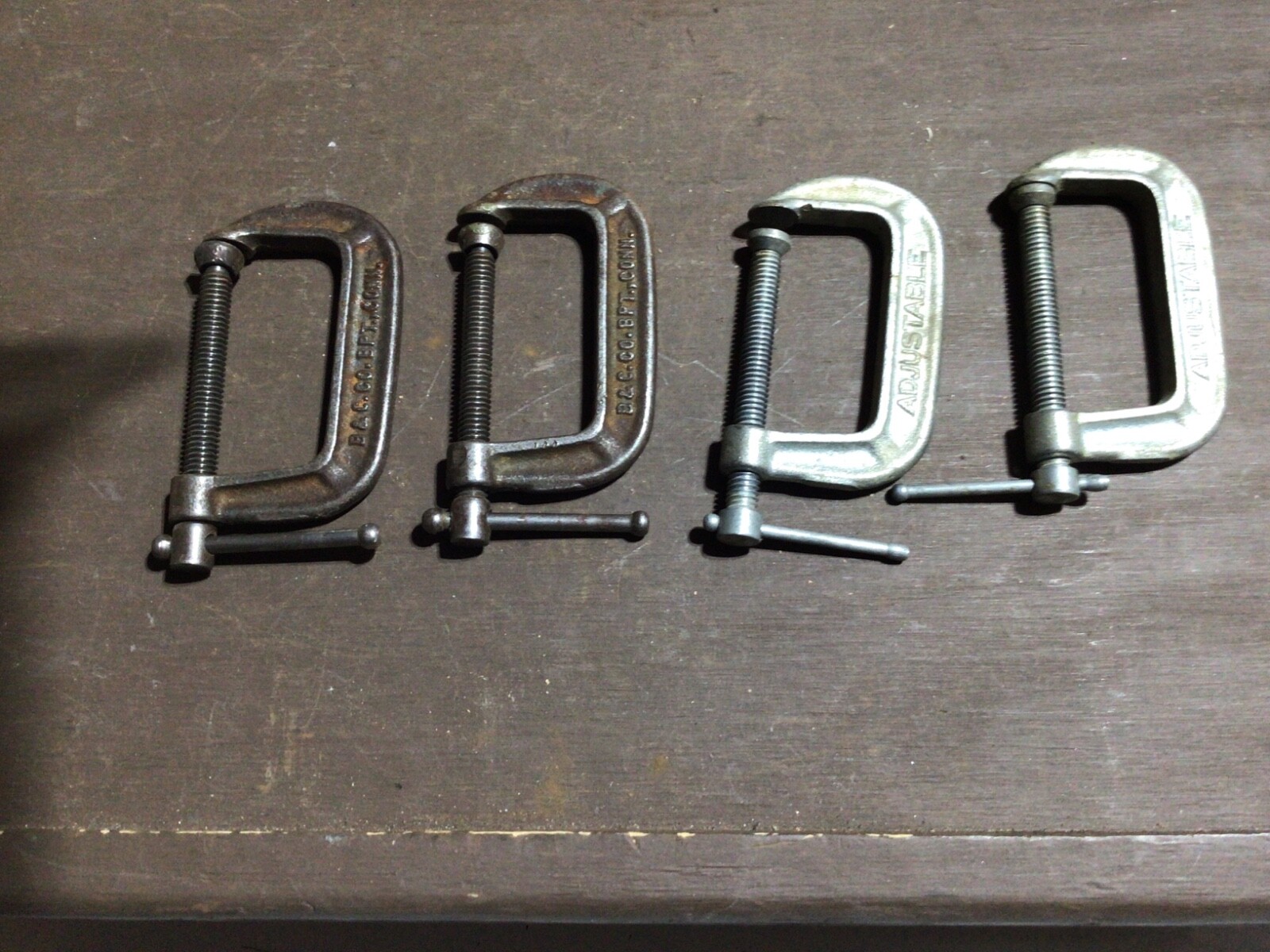 Lot of 4 Vintage 2″ C-Clamps 2 – B & C #142, 2 – Adjustable #1420 USA