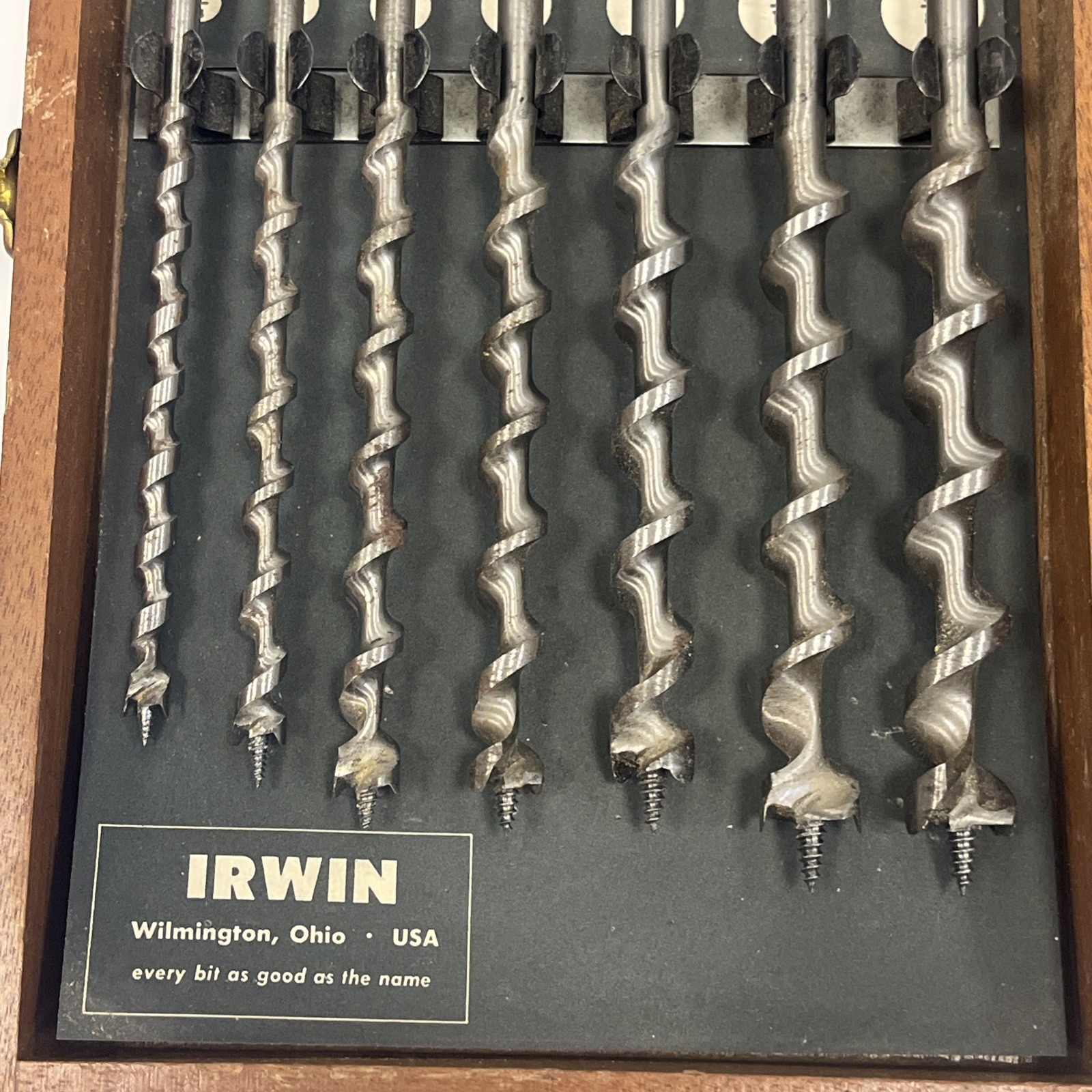 Vintage IRWIN Auger Bit Set Wood Case Brace Drill Bits USA Complete Woodworking