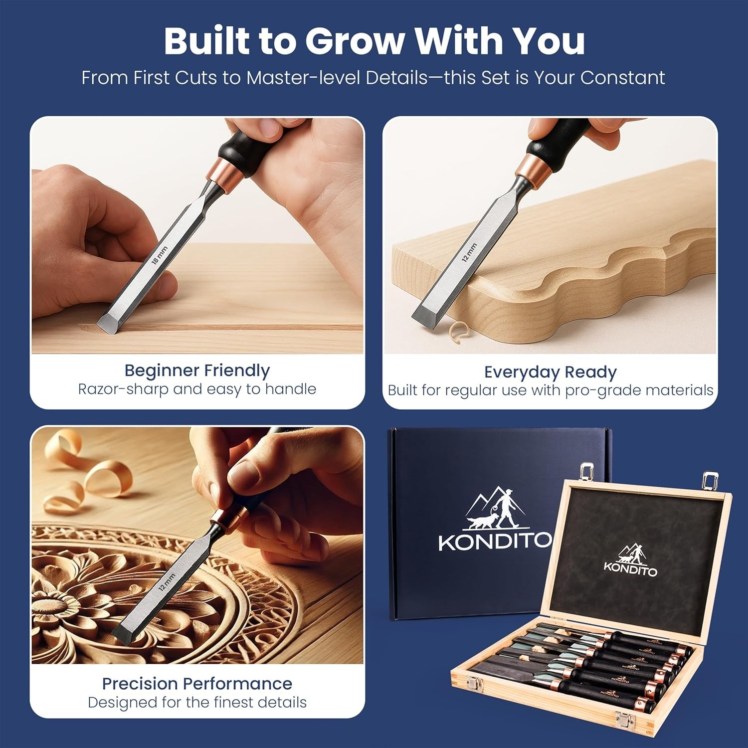 Professional Wood Chisel Set – Complete Chisel Kit with 6 CRV60 Steel Blades (6–