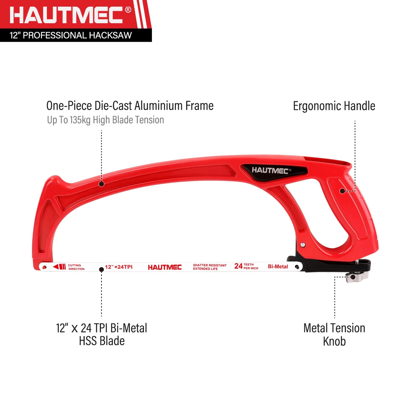HAUTMEC Pro 12″ High Tension Hacksaw, One-Piece Hacksaw Frame, Red
