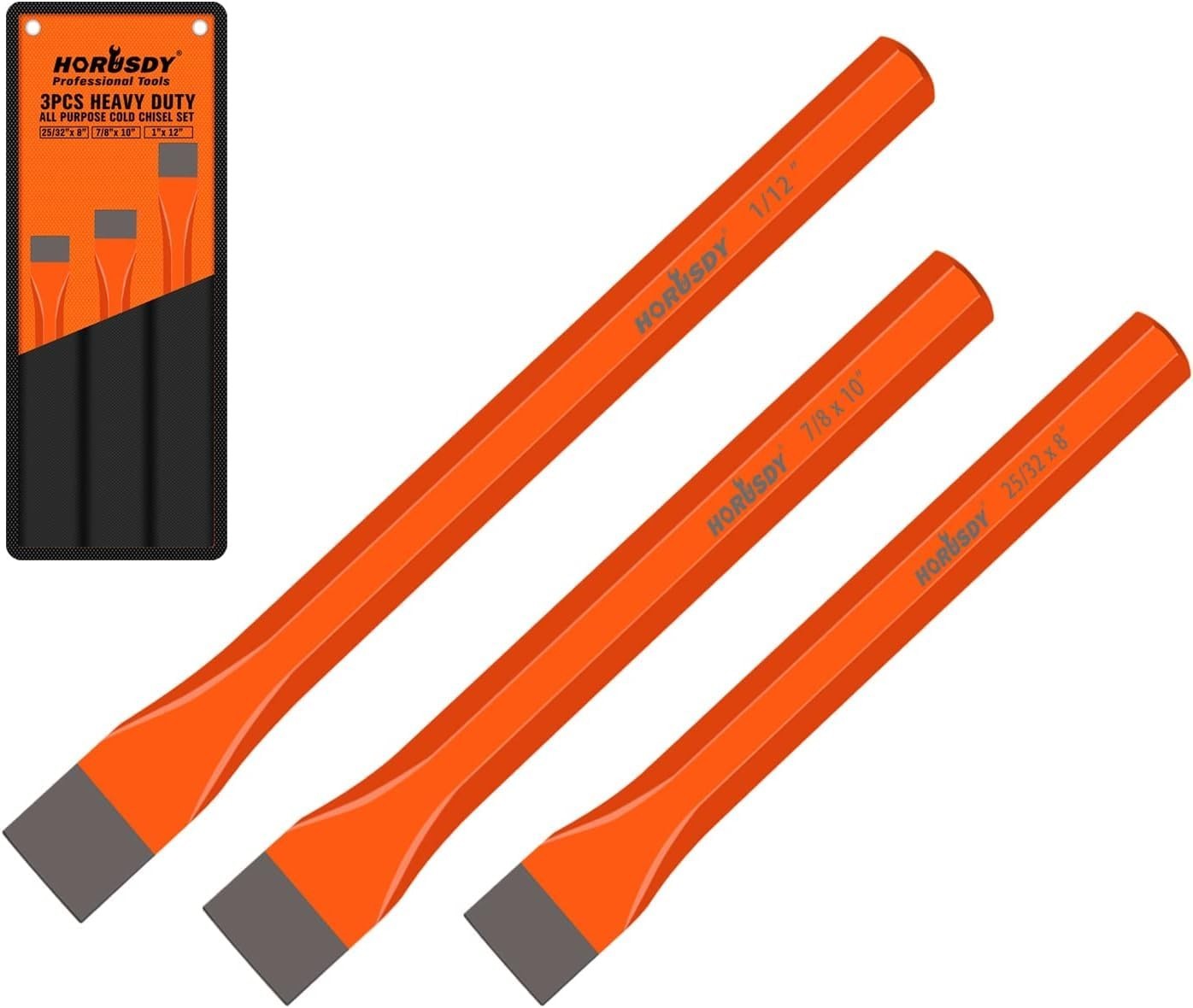 Heavy Duty Cold Chisel Set – 3 Pieces, Long 8″ 10″ 12″, with Roll Pouch, Metalwo
