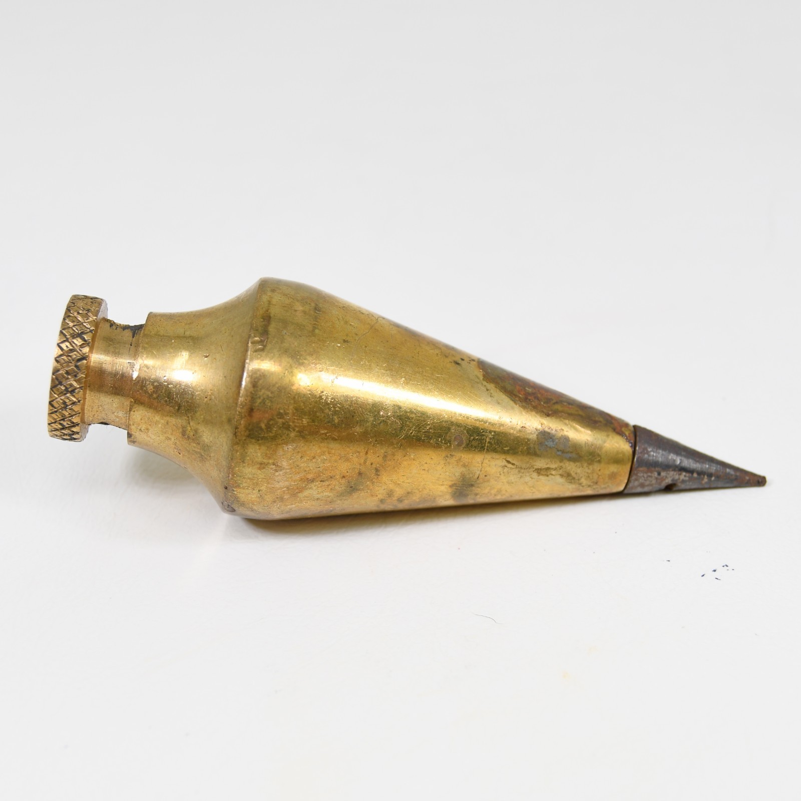 Vintage Small Brass Plumb Bob 8.3 oz Fixed Head Top Removable Steel Tip 3 3/4″