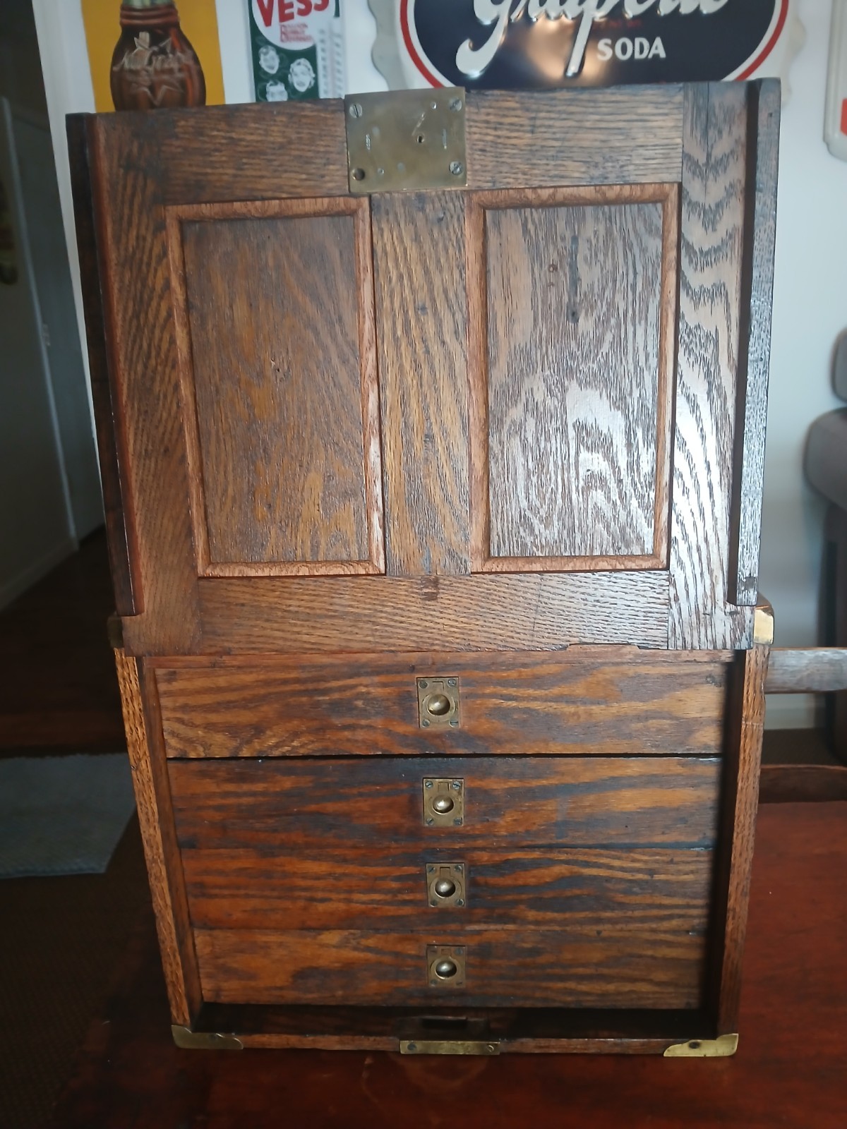 Antique 1/4 Sawn Tiger Oak Machinist Toolbox- Chest 4 Drawers – 14.5″x12.25