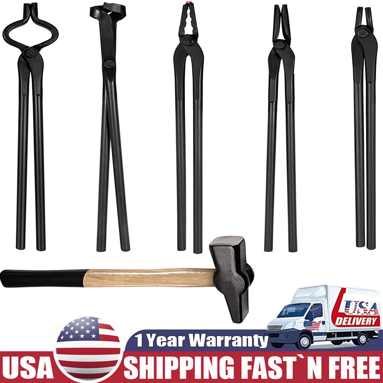 6X Bladesmith Knife Making Tongs Set & Blacksmith Hammer 1.5 kg Forge Anvil Vise