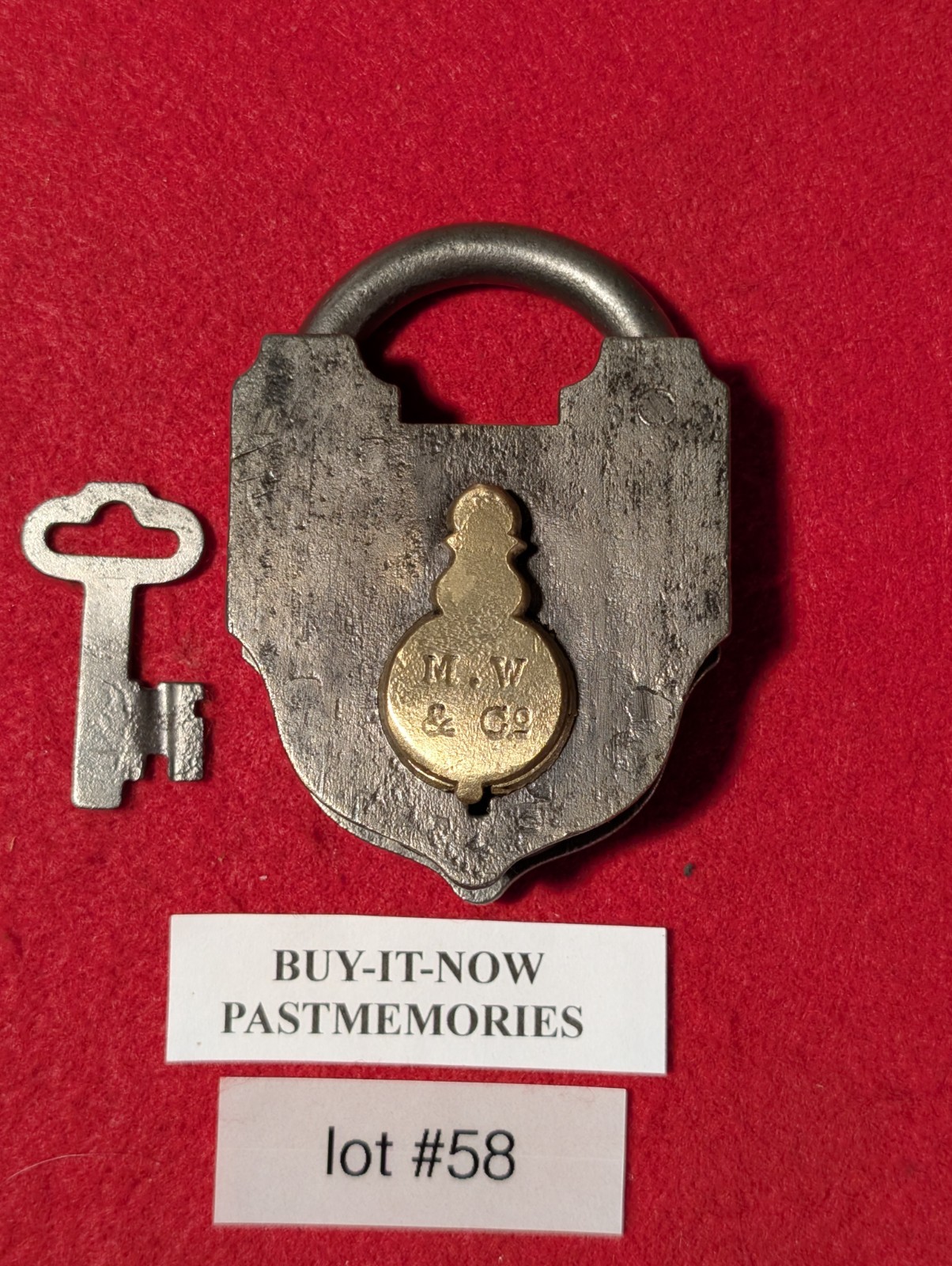 1870’s “MALLORY WHEELER & co” IRON PADLOCK w/ KEY, VINTAGE ANTIQUE LOCK LOT #58