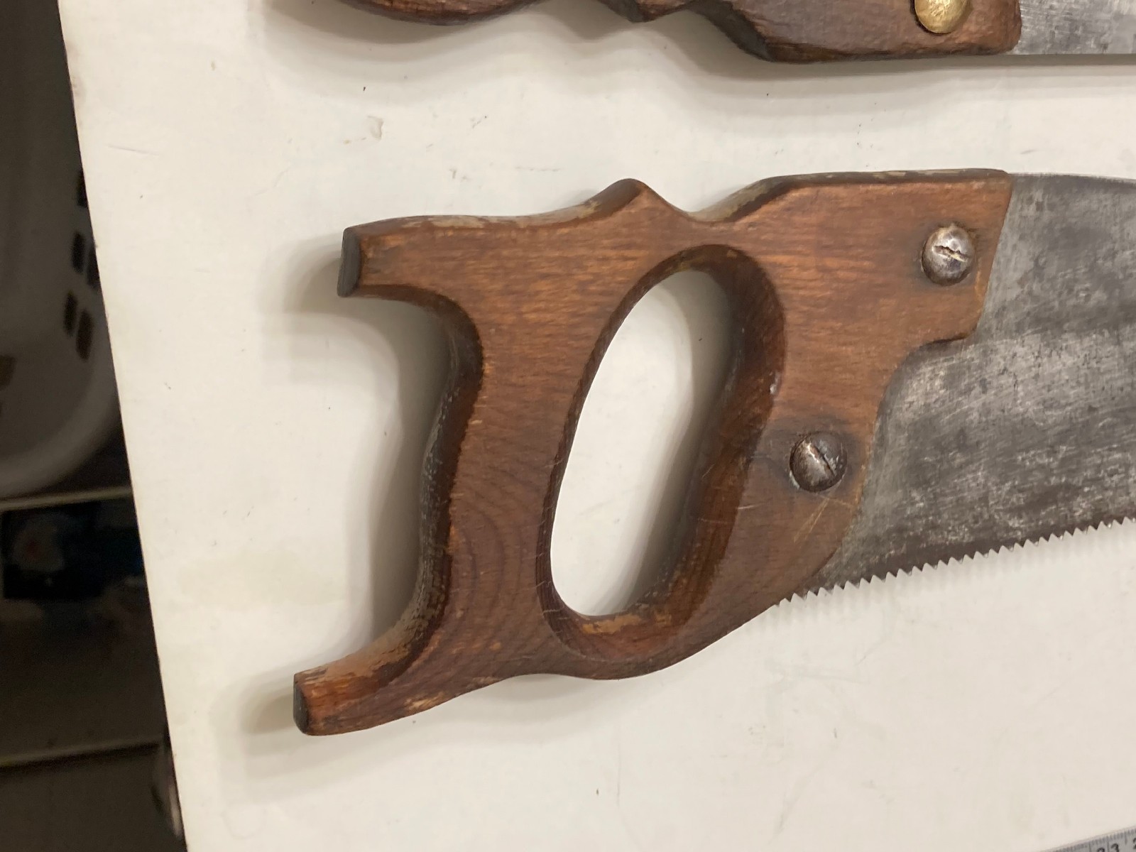 2 Vintage Hand Saws Wood Handles 12″ & 15″ Blades Cross Cutting Makers Mark on 1