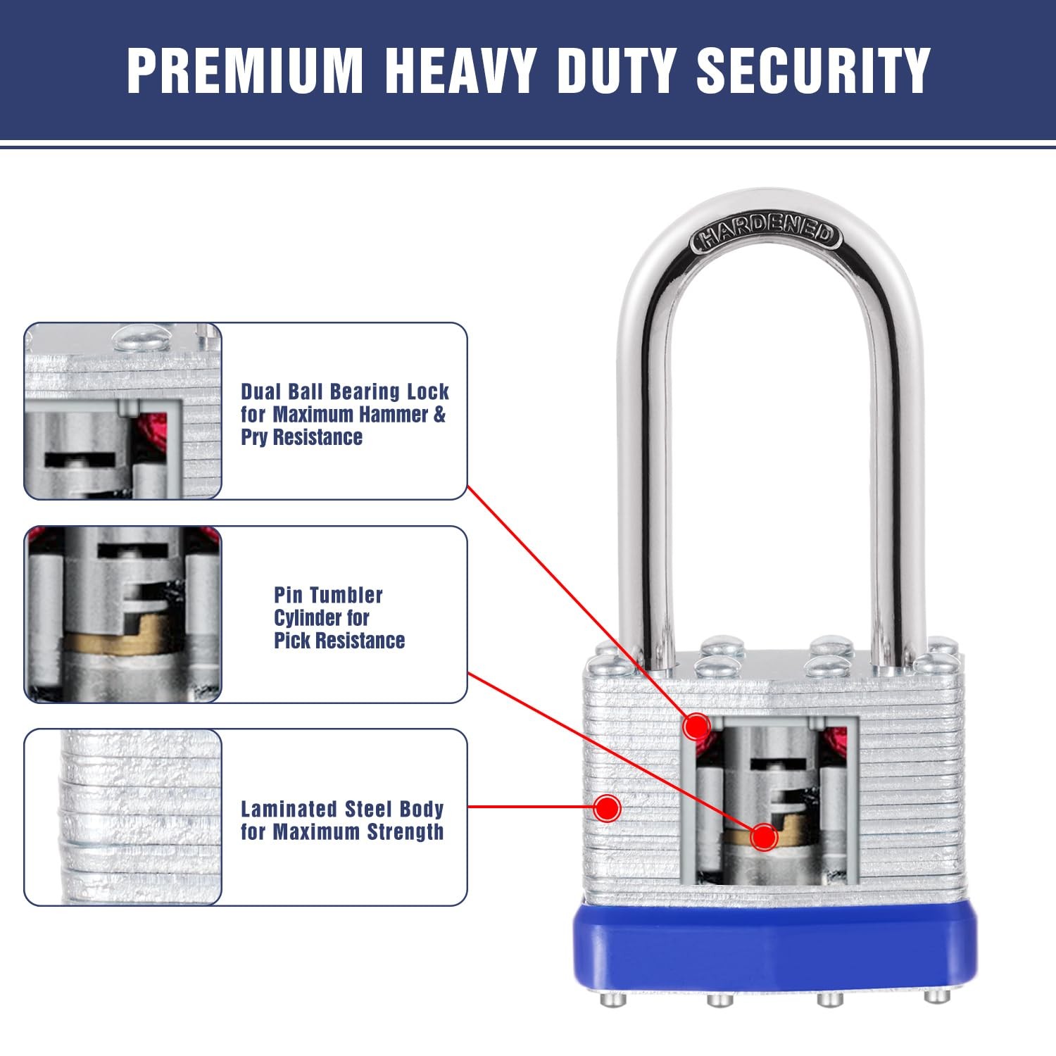 6Pcs Padlocks with Same Keys,Laminated Steel Blue Silver(1-9/16″,40mm),Long S…