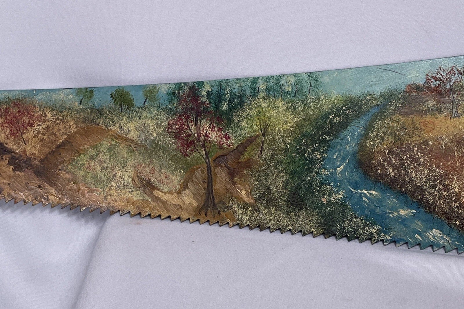 Vintage Hand Painted Saw Cottage Landscape Farm Scene Rustic Decor Signed Eaton