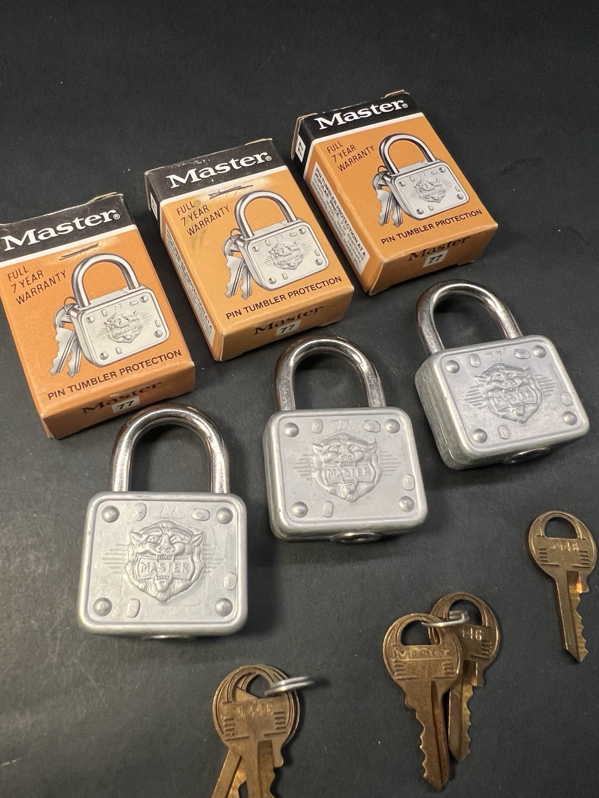 NOS Master Lock No. 77 Padlock Triple Set, Keyed Alike 3 Locks 5 Keys Box Lion