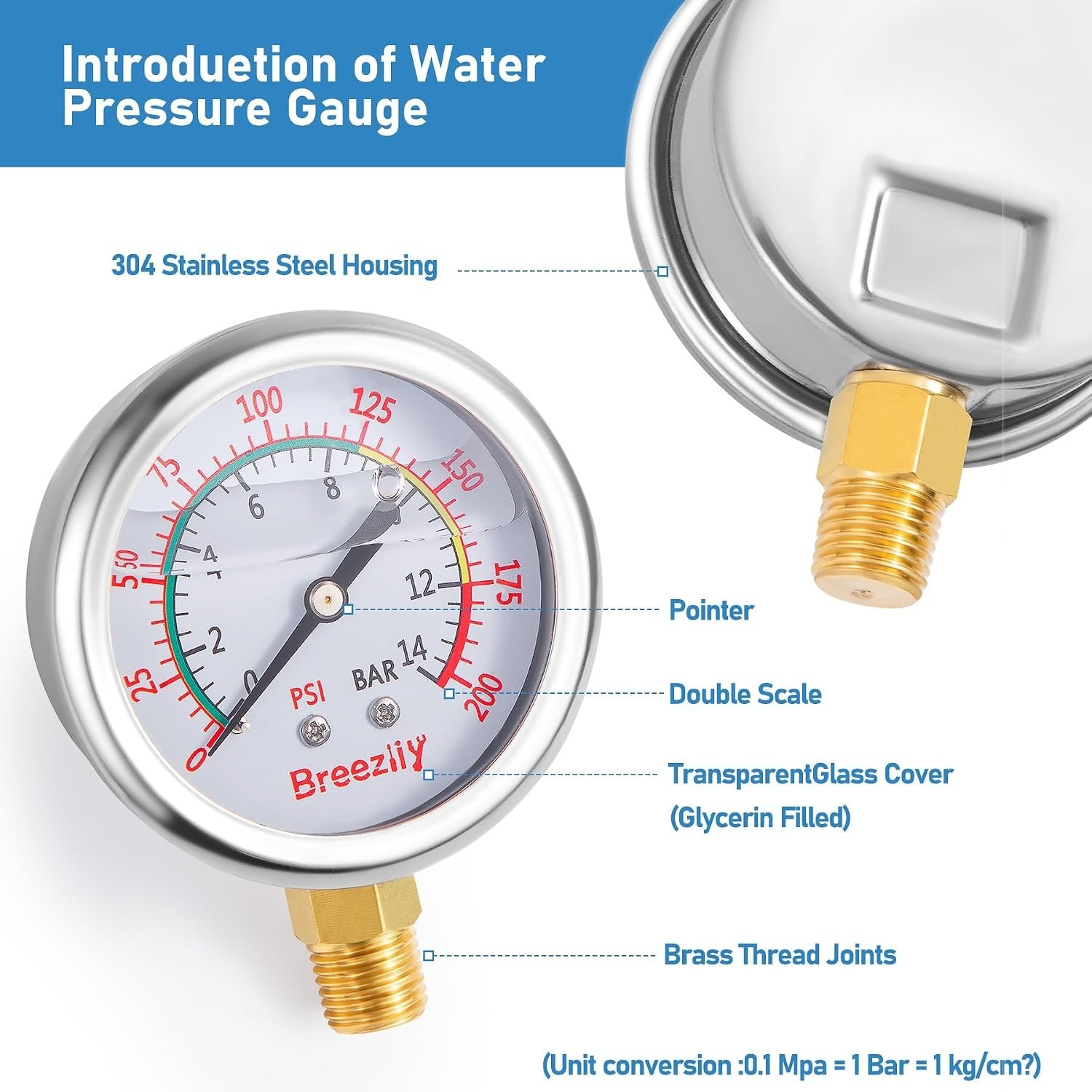 Water Pressure Gauge Kit,2.5″ Dial+12″ EPDM Rubber+1/4″ Lead-Free Valve+1/4 …