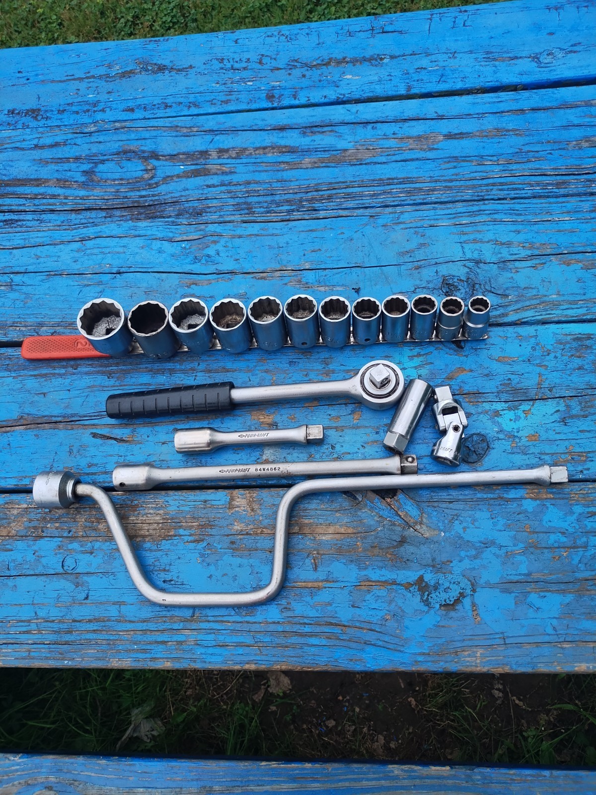 Vintage Power Kraft 1/2″ Drive, 12 Point Socket Set w/ Ratchet, Exts, Etc Read