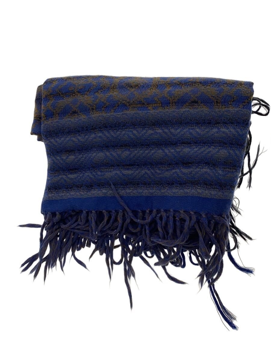 YVES SAINT LAURENT Wool Scarf 140cm x 138cm Blue All-over Pattern Used