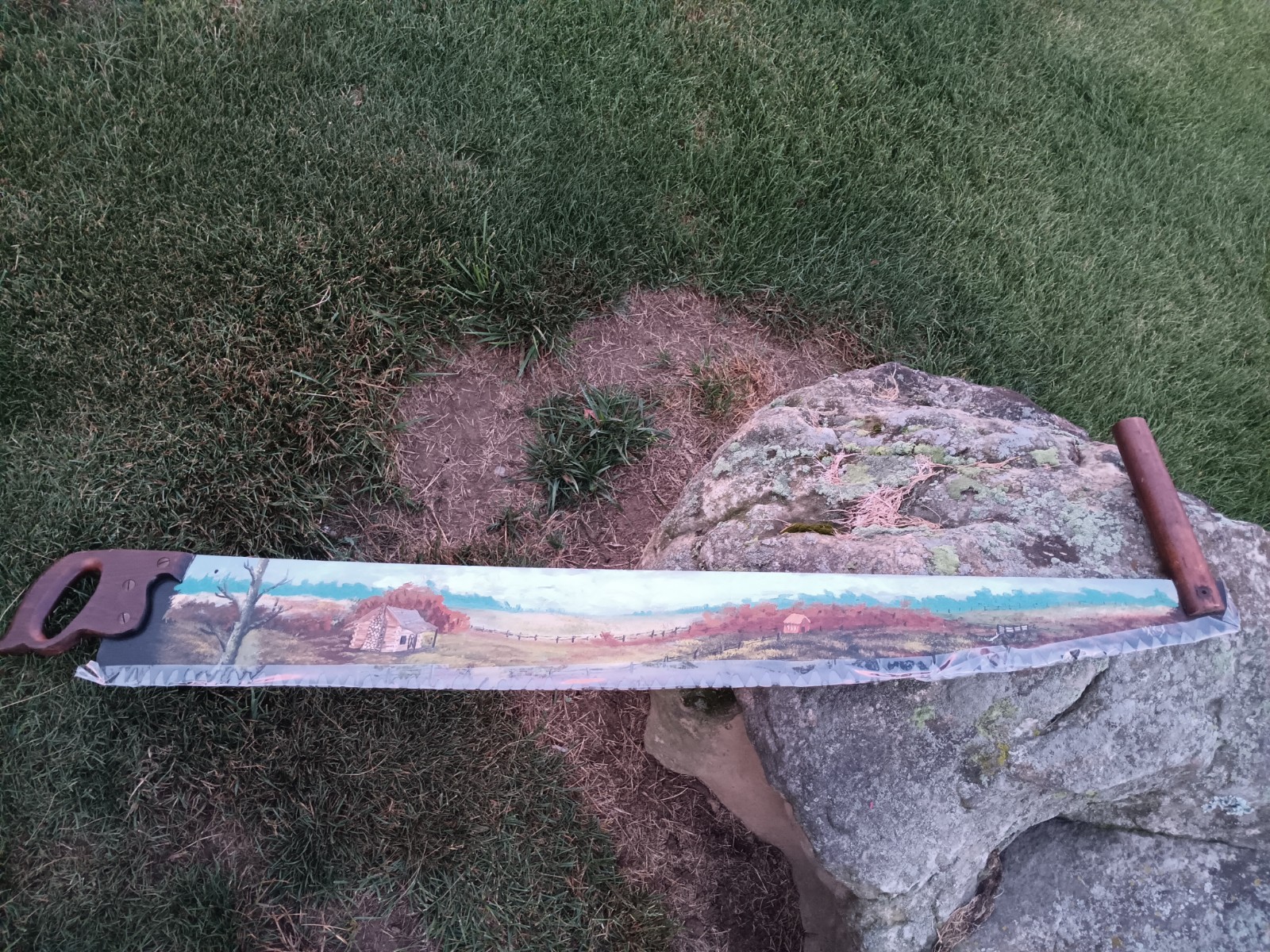 2MAN CROSSCUT 54″ HAND SAW BEAUTIFUL LANDSCAPE PAINTING, RARE & UNIQUE