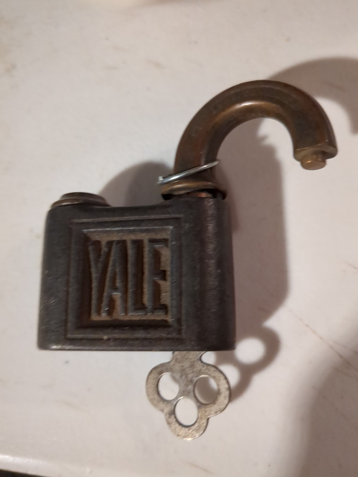 Vintage Yale Cast Iron Body & Brass Push Padlock with One Key Opens Easily