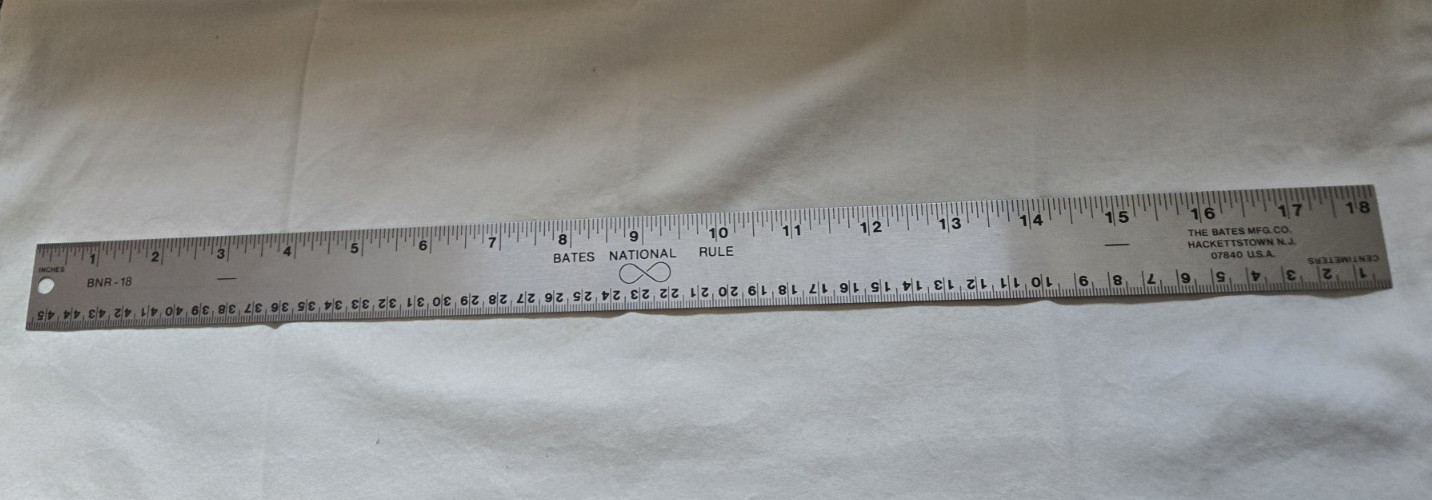 Bates National Rule BNR-18 Ruler Metal 18 in/45 cm Made in USA Cork Back Vintage