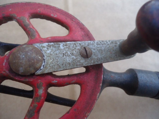 Red Head No 110 11” Vintage Manual Hand Crank Drill with Wood Handle Made in USA