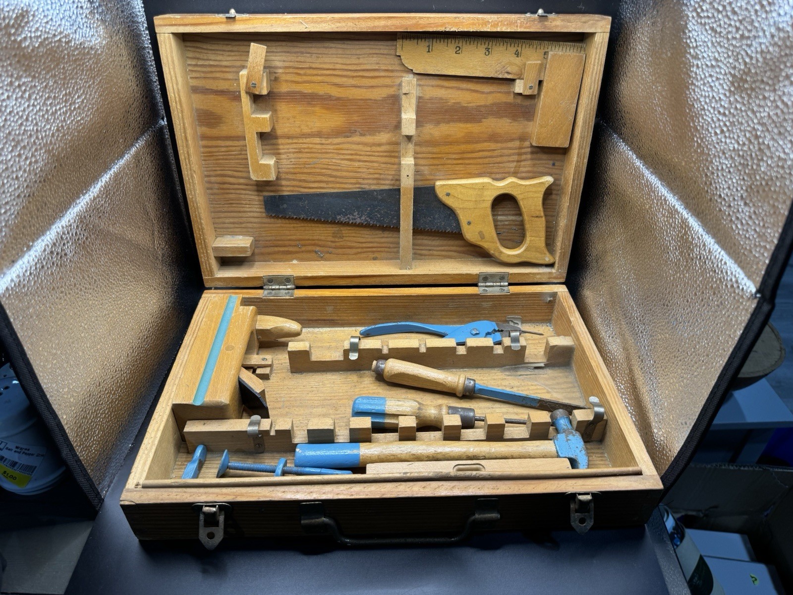 Vintage Handy Andy Carpenters Tool Chest Wooden Box & Tools Set Skil-Craft