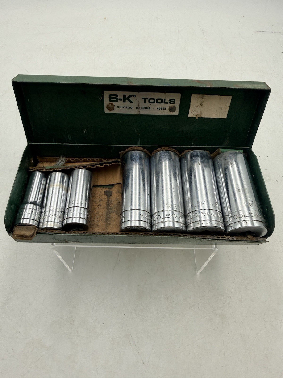 Vtg S-K WAYNE Tools 3/8″ Drive SAE 7pc Deep Well Socket Set In Orig. Metal Case