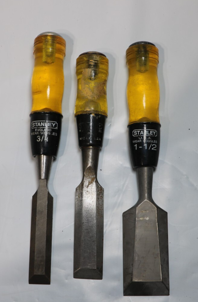3 Vintage Stanley Chisels 3/4″, 1″ & 1-1/2″ Bevel Edge Cabinetmaker Tools