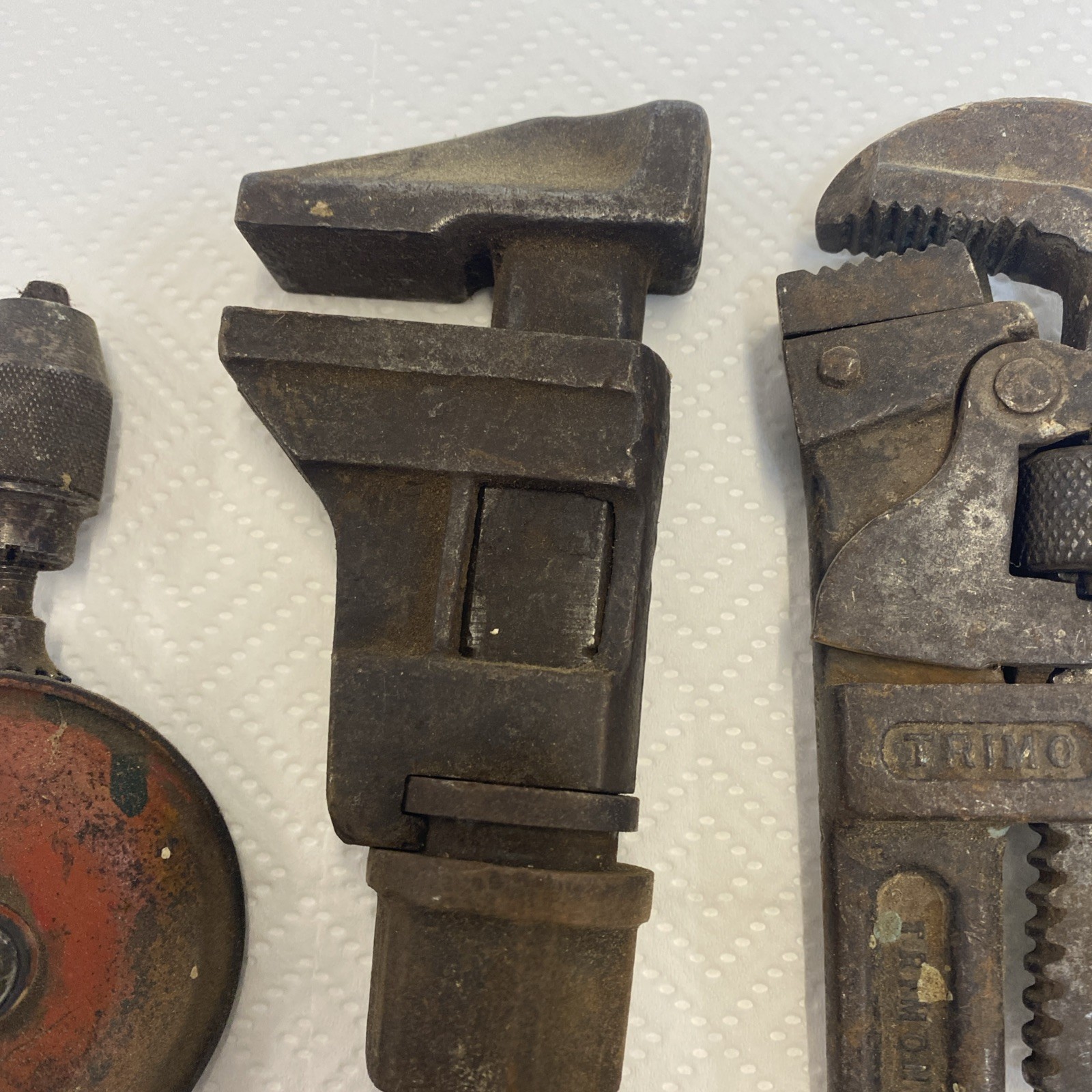 Lot of 2 Antique Adjustable Wrenches 1 drill & 4 Auto or Farm wrenches